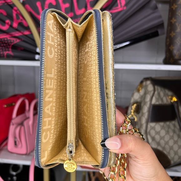 CHANEL CC Denim Zip Around Wallet w/ unbranded gold chain - Picture 6 of 14